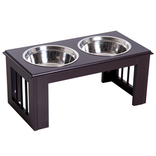 PawHut Stainless Steel Raised Dog Feeding Bowls with Stand for Small Medium Dogs Elevated Twin Pet Bowls Water Food Feeder 58.4L x 30.5W x 25.4H cm - Brown - Giant Lobelia