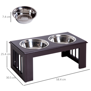 PawHut Stainless Steel Raised Dog Feeding Bowls with Stand for Small Medium Dogs Elevated Twin Pet Bowls Water Food Feeder 58.4L x 30.5W x 25.4H cm - Brown - Giant Lobelia