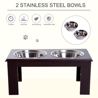 PawHut Stainless Steel Raised Dog Feeding Bowls with Stand for Small Medium Dogs Elevated Twin Pet Bowls Water Food Feeder 58.4L x 30.5W x 25.4H cm - Brown - Giant Lobelia