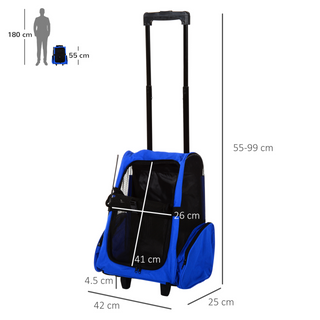 PawHut Pet Travel Backpack Bag Cat Puppy Dog Carrier w/ Trolley and Telescopic Handle Portable Stroller Wheel Luggage Bag (Blue) - Giant Lobelia