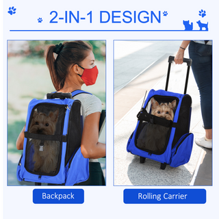 PawHut Pet Travel Backpack Bag Cat Puppy Dog Carrier w/ Trolley and Telescopic Handle Portable Stroller Wheel Luggage Bag (Blue) - Giant Lobelia