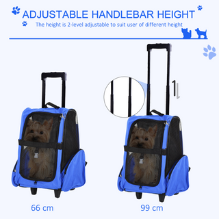 PawHut Pet Travel Backpack Bag Cat Puppy Dog Carrier w/ Trolley and Telescopic Handle Portable Stroller Wheel Luggage Bag (Blue) - Giant Lobelia