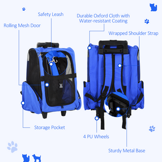 PawHut Pet Travel Backpack Bag Cat Puppy Dog Carrier w/ Trolley and Telescopic Handle Portable Stroller Wheel Luggage Bag (Blue) - Giant Lobelia