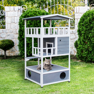 PawHut Wooden Outdoor Cat House 3-Tier for Winter Kitten Shelter Lodge w/ Tilted Roof Terrace Jump Step Bottom Tray Elevated Base Waterproof Paint 140x78x76cm Grey - Giant Lobelia