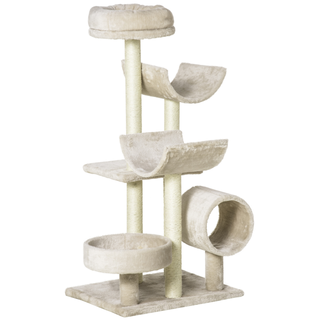 PawHut Cat Tree for Indoor Cats Kitten Pet Scratching Post Perch Activity Center Scratcher Climb Post Play House Arch with Tunnel 105cm Tall Beige - Giant Lobelia