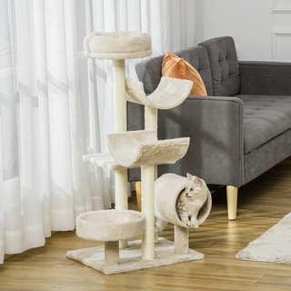 PawHut Cat Tree for Indoor Cats Kitten Pet Scratching Post Perch Activity Center Scratcher Climb Post Play House Arch with Tunnel 105cm Tall Beige - Giant Lobelia