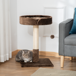 PawHut Small Cat Tree for Indoor Cats with Sisal Scratching Post Kitten Bed Cushion Ball Toy, Brown, 45x45x70 cm - Giant Lobelia