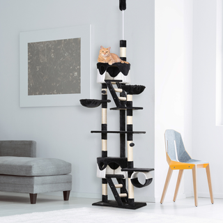 PawHut Floor to Ceiling Cat Tree for Indoor Cats Scratching Post Activity Centre Kitten Tree Scratch Scratcher Play Toy Climbing Tree Bed Multi Level 240-260cm Deep Grey - Giant Lobelia