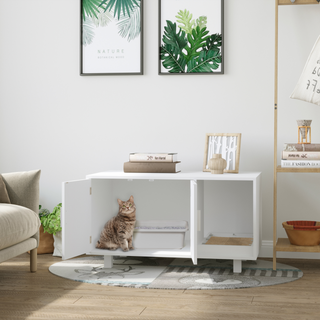 PawHut Wooden Cat Litter Box Enclosure & House with Nightstand/End Table Design, Scratcher, & Magnetic Doors, White - Giant Lobelia