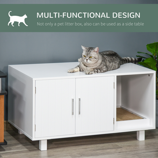 PawHut Wooden Cat Litter Box Enclosure & House with Nightstand/End Table Design, Scratcher, & Magnetic Doors, White - Giant Lobelia