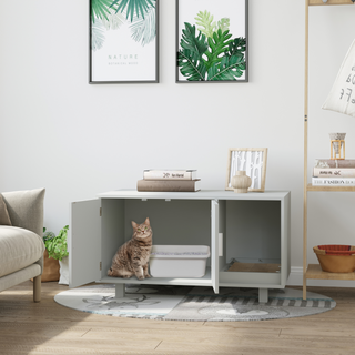 PawHut Wooden Cat Litter Box Enclosure & House with Nightstand/End Table Design, Scratcher, & Magnetic Doors, Grey - Giant Lobelia