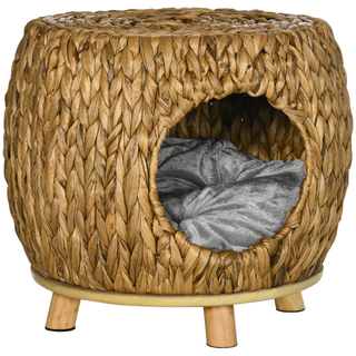 PawHut Wicker Cat House Stool for Rest, Rattan Kitten Bed for Indoor and Outdoor Use, Elevated Pet Bed with Soft Washable Cushion 44 x 43 x 41 cm - Giant Lobelia