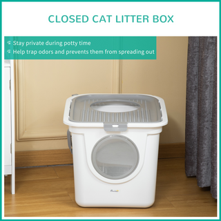 PawHut Cat Litter Box Pet Toilet Enclosed Kitten Pan w/ Front Entrance Top exit Scoop, White - Giant Lobelia