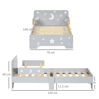 ZONEKIZ Kids Toddler Bed Children's Bedroom Furniture w/ Star and Moon Patterns, Side Rails, for Boys, Girls, Ages 3-6 Years, 143 x 76 x 49cm - Grey - Giant Lobelia