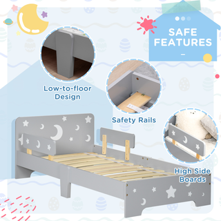 ZONEKIZ Kids Toddler Bed Children's Bedroom Furniture w/ Star and Moon Patterns, Side Rails, for Boys, Girls, Ages 3-6 Years, 143 x 76 x 49cm - Grey - Giant Lobelia