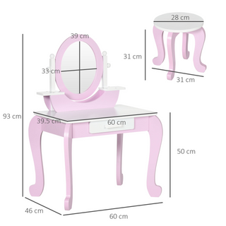 ZONEKIZ Kids Dressing Table, Kids Vanity Set, Girl Makeup Desk w/ Mirror, Stool, Drawer, for Ages 3-6 Years - Pink - Giant Lobelia