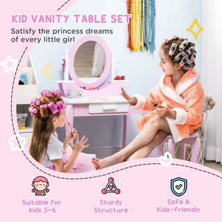 ZONEKIZ Kids Dressing Table, Kids Vanity Set, Girl Makeup Desk w/ Mirror, Stool, Drawer, for Ages 3-6 Years - Pink - Giant Lobelia