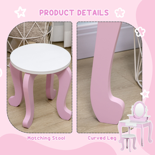 ZONEKIZ Kids Dressing Table, Kids Vanity Set, Girl Makeup Desk w/ Mirror, Stool, Drawer, for Ages 3-6 Years - Pink - Giant Lobelia