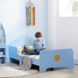 ZONEKIZ Kids Toddler Bed w/ Rocket & Planets Patterns, Safety Rails, Kids Bedroom Furniture for Boys, Girls, Ages 3-6 Years, 143 x 74 x 59cm - Blue - Giant Lobelia