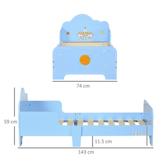 ZONEKIZ Kids Toddler Bed w/ Rocket & Planets Patterns, Safety Rails, Kids Bedroom Furniture for Boys, Girls, Ages 3-6 Years, 143 x 74 x 59cm - Blue - Giant Lobelia