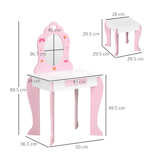 ZONEKIZ Kids Dressing Table with Mirror and Stool, Vanity Set w/ Love Heart and Bow Design, Girl Makeup Desk w/ Drawer, for Ages 3-6 Years - Pink - Giant Lobelia