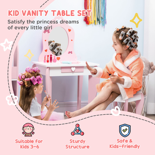 ZONEKIZ Kids Dressing Table with Mirror and Stool, Vanity Set w/ Love Heart and Bow Design, Girl Makeup Desk w/ Drawer, for Ages 3-6 Years - Pink - Giant Lobelia