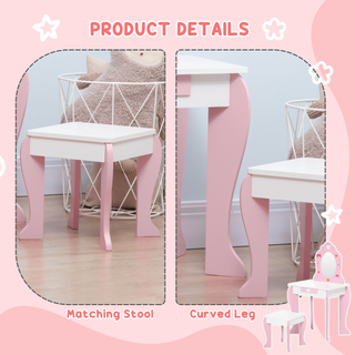 ZONEKIZ Kids Dressing Table with Mirror and Stool, Vanity Set w/ Love Heart and Bow Design, Girl Makeup Desk w/ Drawer, for Ages 3-6 Years - Pink - Giant Lobelia