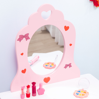 ZONEKIZ Kids Dressing Table with Mirror and Stool, Vanity Set w/ Love Heart and Bow Design, Girl Makeup Desk w/ Drawer, for Ages 3-6 Years - Pink - Giant Lobelia