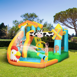 5 in 1 Kids Bounce Castle Farm Style Inflatable House with Slide Trampoline Pool Water Cannon Climbing Wall with Inflator Carrybag, 3.5 x 2.75 x 2.2m - Giant Lobelia