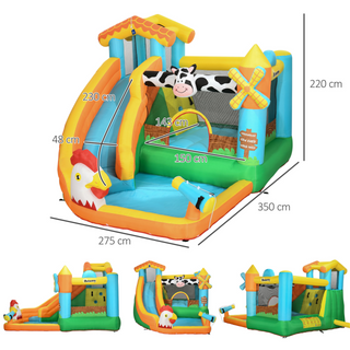 5 in 1 Kids Bounce Castle Farm Style Inflatable House with Slide Trampoline Pool Water Cannon Climbing Wall with Inflator Carrybag, 3.5 x 2.75 x 2.2m - Giant Lobelia