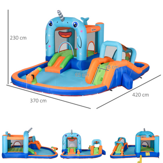 5 in 1 Kids Bounce Castle Narwhals Style Inflatable House with Slide Trampoline Pool Water Gun Climbing Wall with Inflator Carrybag, 4.2 x 3.7 x 2.3m - Giant Lobelia