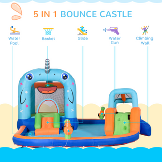 5 in 1 Kids Bounce Castle Narwhals Style Inflatable House with Slide Trampoline Pool Water Gun Climbing Wall with Inflator Carrybag, 4.2 x 3.7 x 2.3m - Giant Lobelia