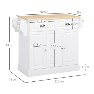 Kitchen Storage Trolley with Adjustable Shelf, Rolling Kitchen Island with Drawers and Cabinets, 110 x 45 x 89cm, White - Giant Lobelia