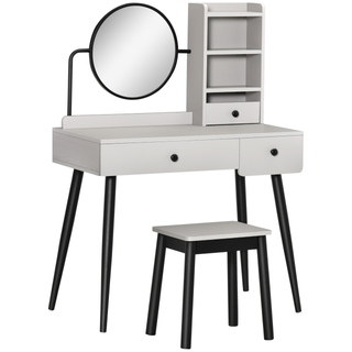 Dressing Table Set with Mirror and Stool, Vanity Makeup Table with 3 Drawers and Open Shelves for Bedroom, Living Room, Grey - Giant Lobelia