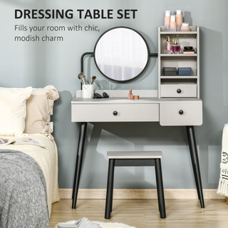 Dressing Table Set with Mirror and Stool, Vanity Makeup Table with 3 Drawers and Open Shelves for Bedroom, Living Room, Grey - Giant Lobelia