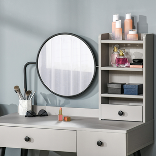 Dressing Table Set with Mirror and Stool, Vanity Makeup Table with 3 Drawers and Open Shelves for Bedroom, Living Room, Grey - Giant Lobelia