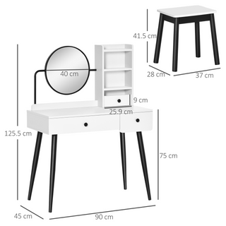 Dressing Table Set with Mirror and Stool, Vanity Makeup Table with 3 Drawers and Open Shelves for Bedroom, Living Room, White - Giant Lobelia