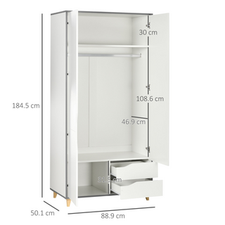 2 Door Wardrobe with 2 Drawers, Hanging Rail, Shelves, Anti-tipping Design for Bedroom Clothes Storage Organiser, White - Giant Lobelia