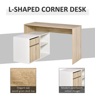 L-Shaped Corner Computer Desk Study Table PC Work w/ Storage Shelf Drawer Office, Oak and White - Giant Lobelia