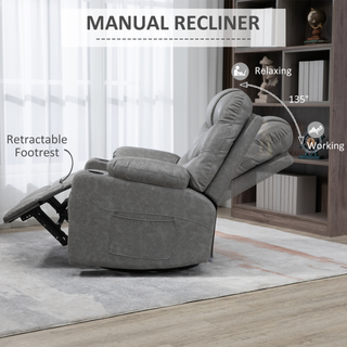 Manual Recliner Chair, Overstuffed PU Leather Recliner Armchair with Footrest, Cup Holders, Side Pockets, for Living Room Bedroom, Light Grey - Giant Lobelia