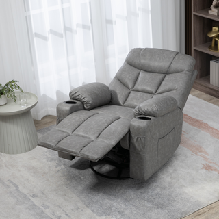 Manual Recliner Chair, Overstuffed PU Leather Recliner Armchair with Footrest, Cup Holders, Side Pockets, for Living Room Bedroom, Light Grey - Giant Lobelia