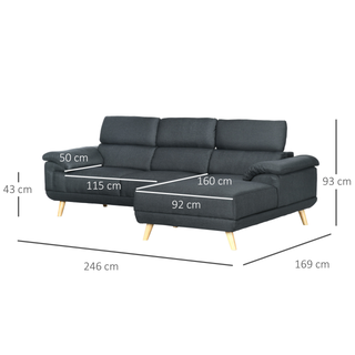 Corner Sofas for Living Room, Fabric L Shaped Sofa Settee with Adjustable Headrest, 3 Seater Couch, Dark Grey - Giant Lobelia