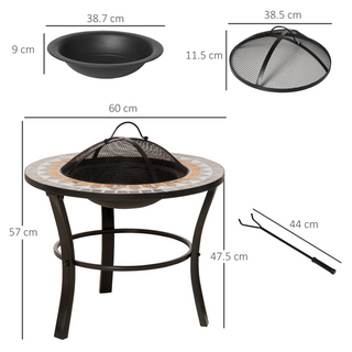 60cm Outdoor Fire Pit Table with Mosaic Outer, Round Firepit with Spark Screen Cover, Fire Poker for Garden Bonfire Party - Giant Lobelia