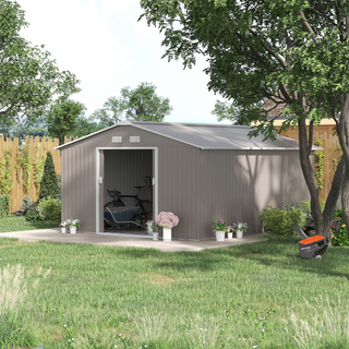 13 x 11ft Garden Metal Storage Shed Outdoor Storage Shed with Foundation Ventilation & Doors, Light Grey - Giant Lobelia