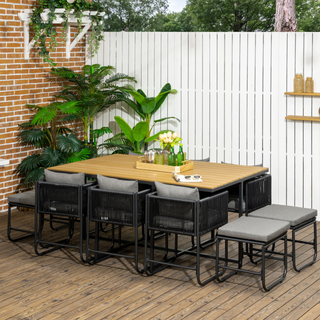 Patio 11 PCs PE Rattan Dining Set, Garden Round Wicker 10-seater Table & Chair Sets, with Wood Grain Plastic Top, Space-saving Design, for Indoor & Outdoor, Black - Giant Lobelia