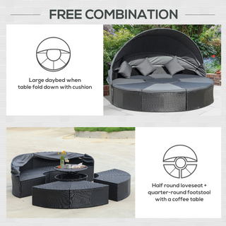 4 Pieces PE Rattan Garden Daybed Set, Outdoor Wicker Cushioned Round Sofa Bed Conversation Furniture with Coffee Table & Canopy, Black - Giant Lobelia