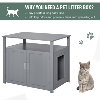 PawHut Wooden Cat Litter Box Enclosure Furniture with Adjustable Interior Wall & Large Tabletop for Nightstand, Grey - Giant Lobelia