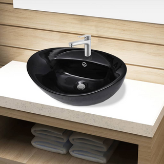 Ceramic Bathroom Sink Basin Faucet/Overflow Hole Black Oval - Giant Lobelia