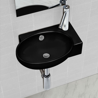 Ceramic Bathroom Sink Basin Faucet/Overflow Hole Black Round - Giant Lobelia