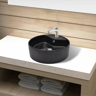 Ceramic Bathroom Sink Basin Faucet/Overflow Hole Black Round - Giant Lobelia